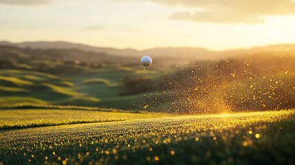 Golf Ball Flying Through the Air, Leaving a Trail of Golden Dust Over a Rolling Green Landscape at Sunrise 
