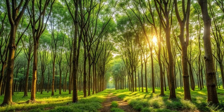 Panoramic View of Rubberwood Forest with Hevea Brasiliensis Trees, Natural Colors, Sustainable Timber, Finger Joint Wood, Family Euphorbiaceae, Eco-Friendly Landscape Photography
