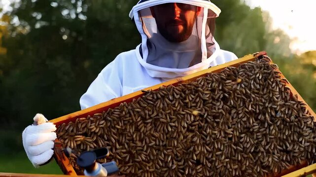A beekeeper in protective gear tends to a hive in a lush garden, handling frames full of bees. Nearby, an observer watches. Smoke calms the bees, creating a serene, natural beekeeping scene.
