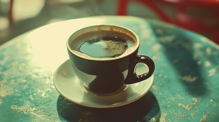 Black coffee or Americano placed on a table featuring a vintage film effect
