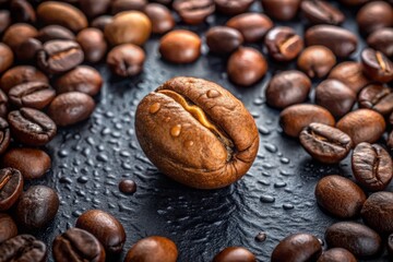 Naklejka premium Pastel Colored Wooden Coffee Bean Artistry with Drops on Black Background, Capturing the Essence of Coffee Magic in Fashion Photography