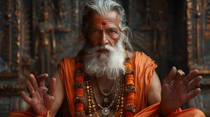 Portrait of a reverent Hindu priest in an ornate temple interior,wearing ceremonial robes and holding sacred ritual artifacts,engaged in spiritual practice and devotion.