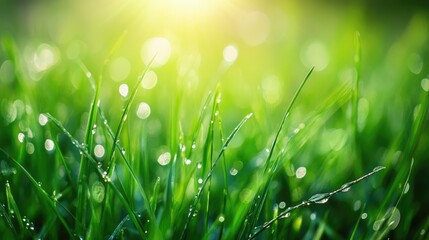Vibrant green grass adorned with morning dew under bright sunlight Captivating natural scene featuring glistening water droplets