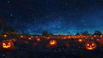 Vibrant Pumpkin Patch Under Starry Night Sky