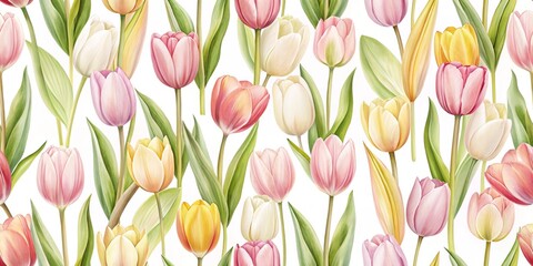 Obraz premium Pastel Tulip Pattern on White Background, Floral Design, Spring Decor, Nature Art, Colorful Flowers, Botanical Illustration, Home Decor, Textiles, Digital Art, Background Design