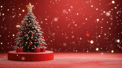 Obraz premium Christmas background with Christmas tree with empty red podium for product 