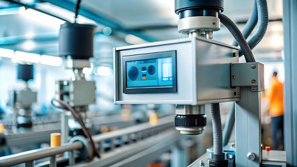 Macro Close Up AI Powered Monitoring Device Factory Real Time Production Monitoring Technology Copy Space Photography Stock Concept