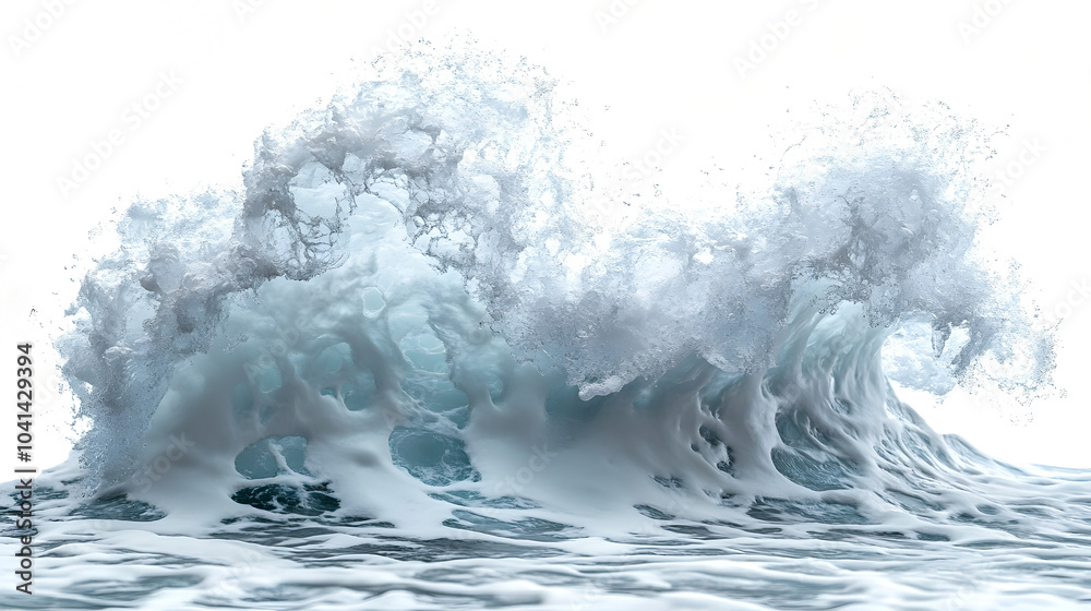 Poster Powerful Crashing Wave Isolated on White Background - Dramatic Ocean Seascape with Swirling Foamy Surf and Splashing Water on a Clean Background