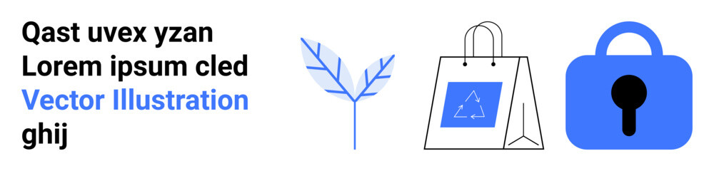 Leaf symbol, shopping bag, and blue padlock. Ideal for nature, security, shopping, eco-friendly products, and online stores. Perfect for modern, technology, safety, retail, and sustainability themes