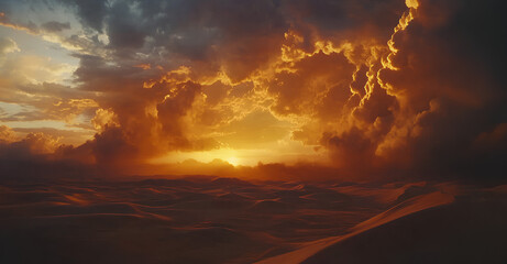A vibrant sunset illuminates a vast desert landscape with dramatic clouds creating a captivating scene.