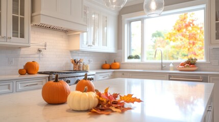 Bright, contemporary kitchen: minimalist white cabinetry contrasts with warm autumn touches like pumpkins and colorful leaves, blending modern with seasonal.