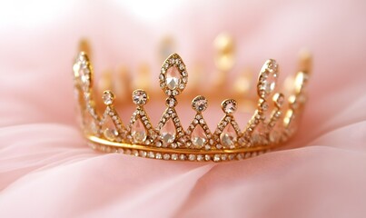 golden bedazzled princess crown on a pink tulle fabric, Generative AI