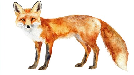 Obraz premium Watercolor painting of a red fox standing on a white background. (1)