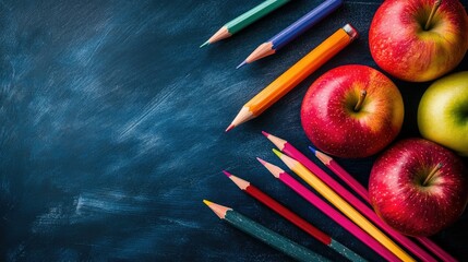 Classic back-to-school arrangement with bright red apples, colorful pencils, and a vintage chalkboard set against a deep blue background.