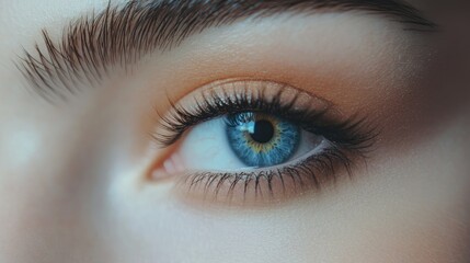 Obraz premium Close-up macro of a woman's eye with delicate natural makeup, showcasing detailed lashes, soft brows, and vibrant eye color.