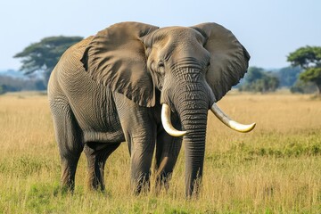 Fototapeta premium Majestic elephant bull displaying its impressive tusks.