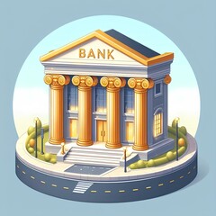 Bank building with golden 'bank' sign symbolizing financial institutions and services.