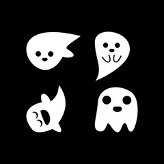 Cute vector ghost icons, Halloween design set, Kawaii black ghost collection on white background Ghost cartoon characters expressions happy, surprised, scary, smiling, Halloween decoration.