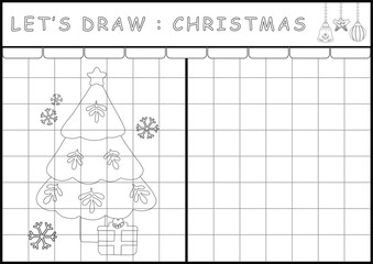 Christmas winter printable worksheet drawing template page in black and white outline illustration. Color and drawing book for children's skills