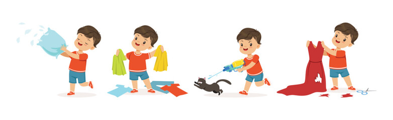 Funny Little Boy Character Playing Game and Making Mess Vector Set