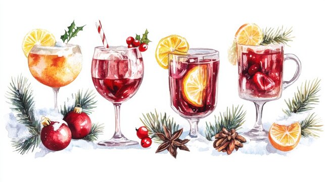 A charming watercolor clipart collection depicting holiday drinks