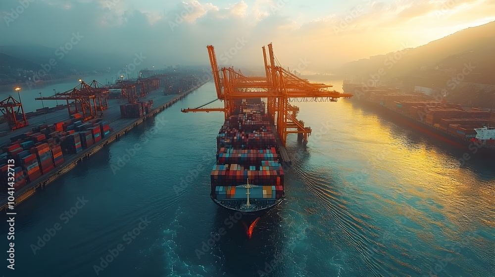 Poster sunset over a bustling cargo port,with large container vessels and towering cranes in at a busy inte