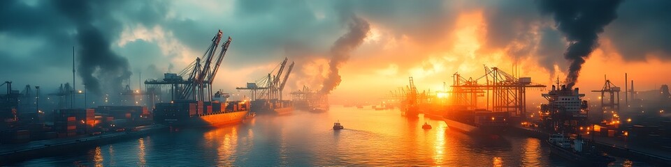 Sunset over a bustling industrial harbor with container ships,cargo cranes,and warehouses. A panoramic view of the global logistics and transportation network at work.