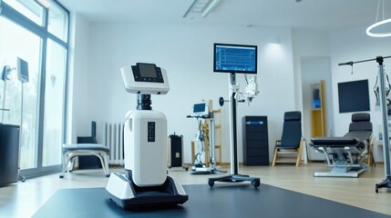 A robot guiding patients through rehabilitation exercises in a high-tech physiotherapy center, clinical and therapeutic setting with exercise equipment and patient monitors