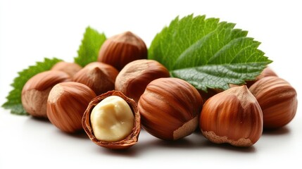 Close-up of hazelnuts paired with fresh green leaves, isolated on a white background, highlighting their natural textures