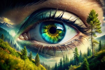 Fototapeta premium Realistic Double Exposure Photography of Different Eye Colors - Stunning Green, Blue, Brown, Hazel, Amber, and Gray Eyes Blended with Nature and Abstract Elements for Visual Impact