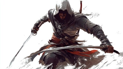 A hooded figure wielding two swords in a fighting pose.