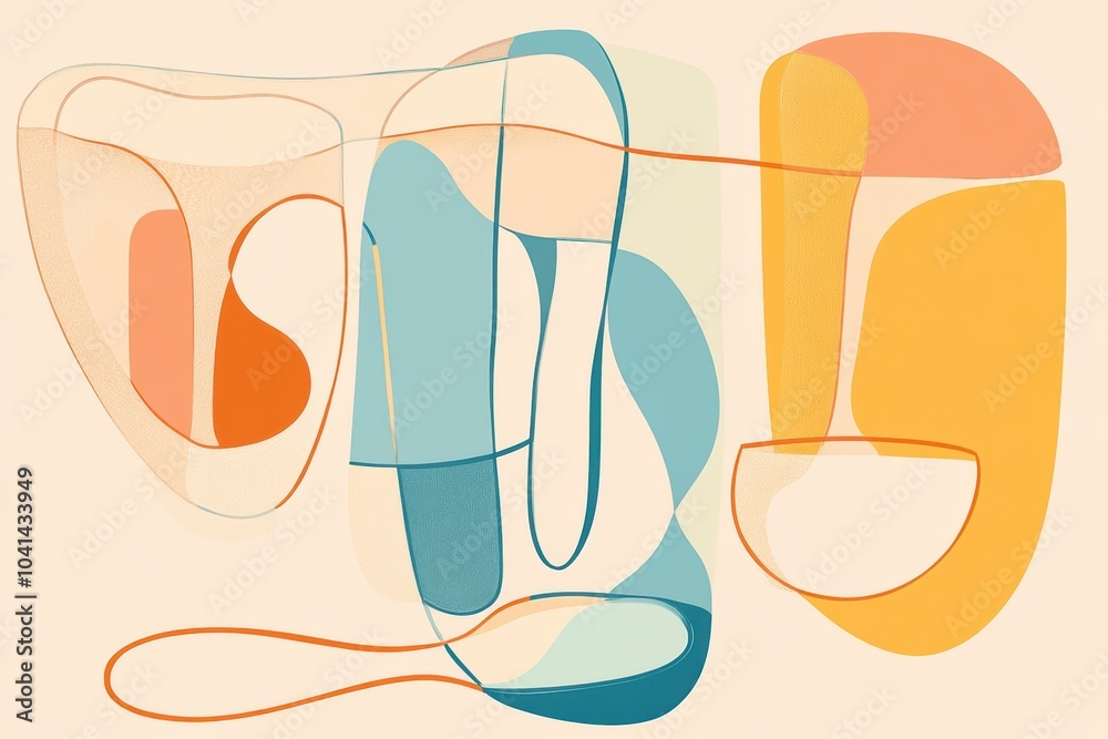 Poster curved shapes resembling spoons and cups intertwine artistically, featuring soft pastel colors again