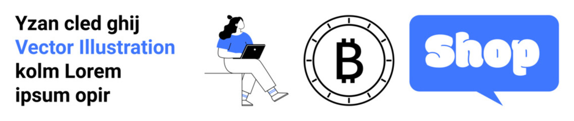 Woman sitting with laptop speech bubble with shop text and bitcoin coin in black blue, and white Ideal for online shopping cryptocurrency digital transactions web development e-commerce technology