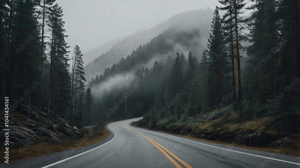 Wall mural an infinity road with mountain and mist