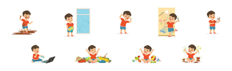 Funny Little Boy Character Playing Game and Making Mess Vector Set