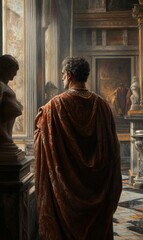 Naklejka premium Man in robe, ancient setting, ornate decor.