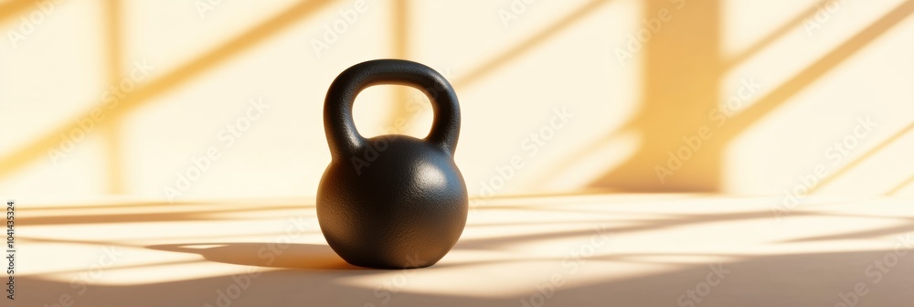 Poster A simple black kettlebell is positioned on a wooden floor, illuminated by sunlight creating interesting shadows in the background. Generative AI