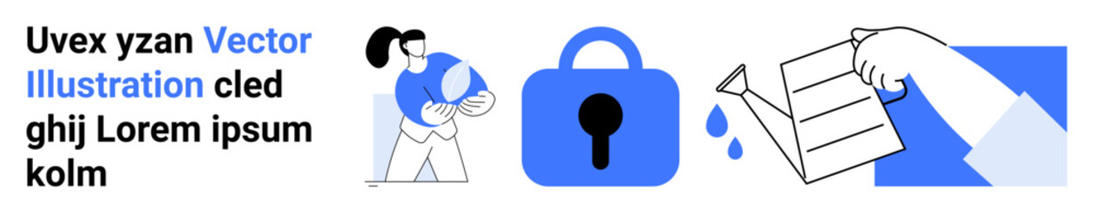 Person holding a baby, a security lock, and a hand holding wet papers. Ideal for family care, security, data protection, privacy, and document management. Landing page