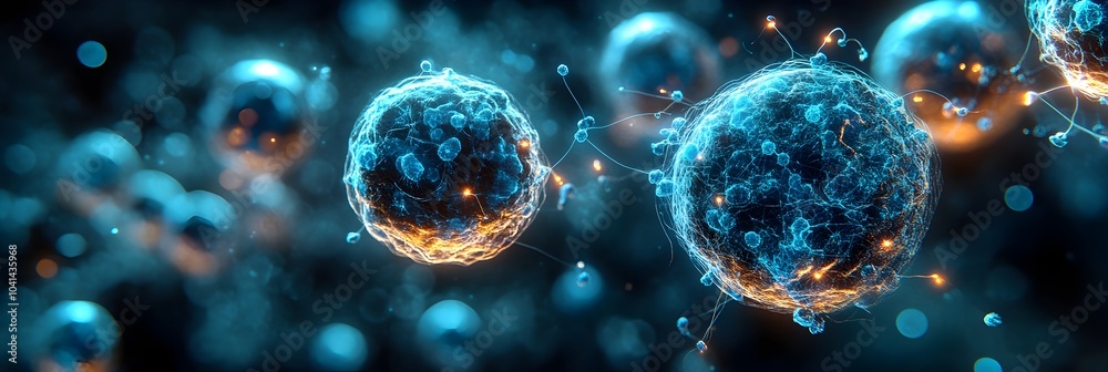 Poster vibrant digital landscape showcasing intricate,futuristic molecular structures that resemble viruses