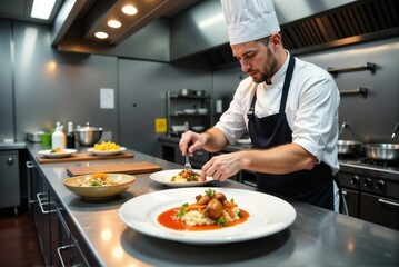 A skilled chef is passionately preparing a gourmet dish within a stylish, modern kitchen space