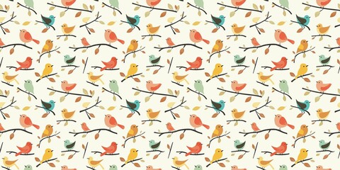 Elegant bird pattern with detailed, flying birds and branches. seamless background pattern