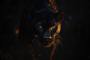 Mysterious black panther stealthily moving through shadows. 