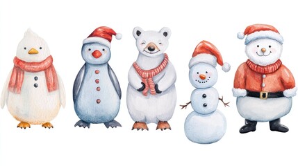 Watercolor painting of five winter animals and a snowman wearing red Santa hats.