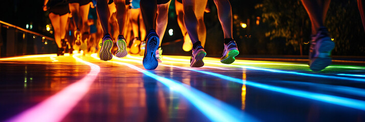 Marathon Runners Sprinting Over a Bridge of Light, with Their Footsteps Leaving Glowing Trails 
