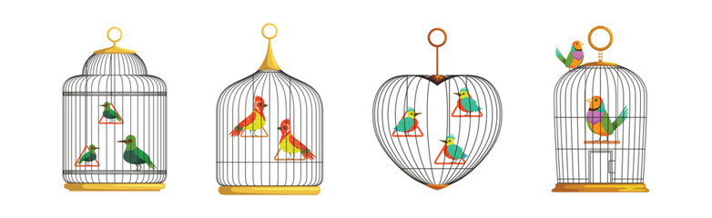 Colorful Bird Perching in Cage with Metal Wire Vector Set