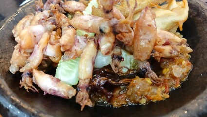 cumi sambal bakar or Grilled squid with chili sauce. Indonesian food. Suitable for recipes, articles, catalogs, or other commercial purposes.