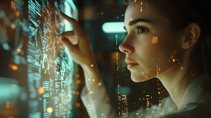 Focused Woman Using Futuristic Holographic Interface, Perfect for Data Analytics, Cybersecurity, Technology Innovation, and Smart Tech Visuals
