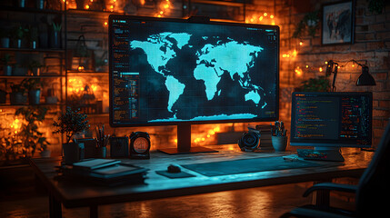 Fototapeta premium Cybersecurity Command Center with Global Map Display and Data Screens, Perfect for Cyber Defense, Global Technology Monitoring, Data Analytics, and Digital Security Operations