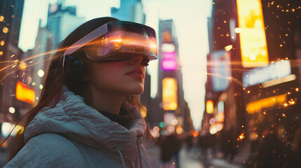Woman Wearing VR Glasses in Futuristic Cityscape, Perfect for Technology Innovation, Virtual Reality Campaigns, Digital World Exploration, and Immersive Tech Advertising