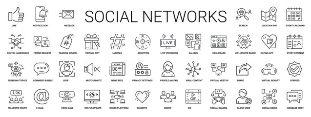 social media activity networks line icon set, news community groups entertainment
